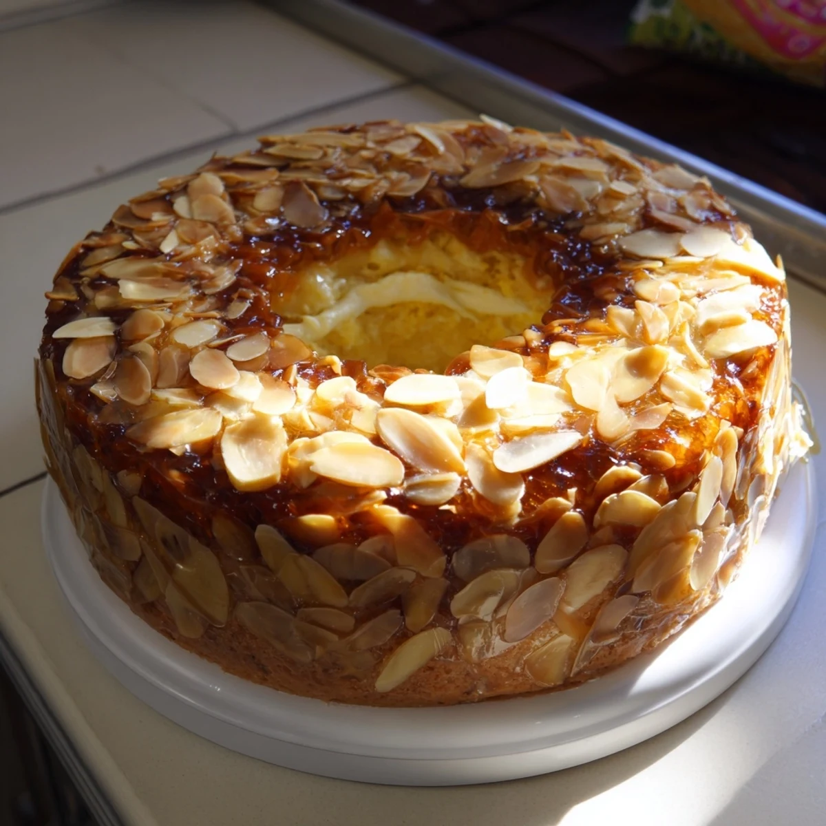Golden Bee Sting Cake with caramelized almond topping, showcasing the delightful German dessert's texture.
