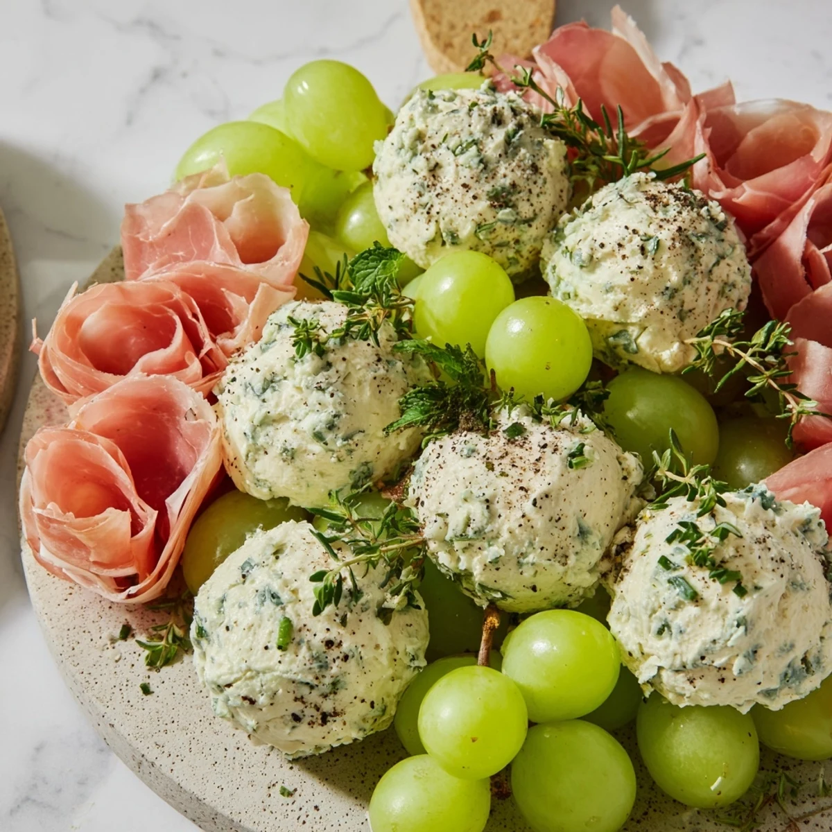 Savory Mistletoe Kissing Ball appetizer with fresh grapes, creamy cheese, and festive prosciutto slices.