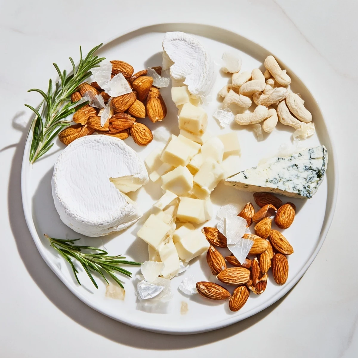 A beautifully arranged Winter Wonderland Platter with white cheeses, nuts, and sugared almonds.