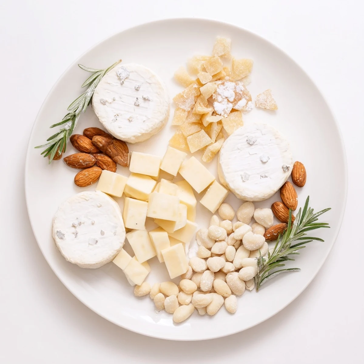 A festive Winter Wonderland Platter appetizer, featuring goat cheese, white crackers, and silver accents for the holidays.