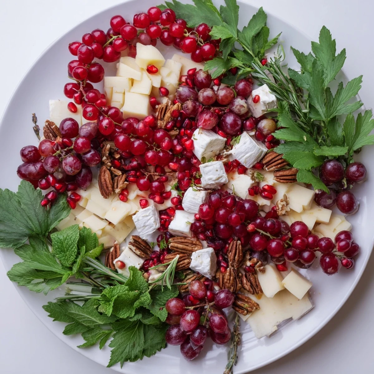Fresh holly berry cluster appetizer platter with goat cheese, brie, and aged cheddar, garnished beautifully with herbs.