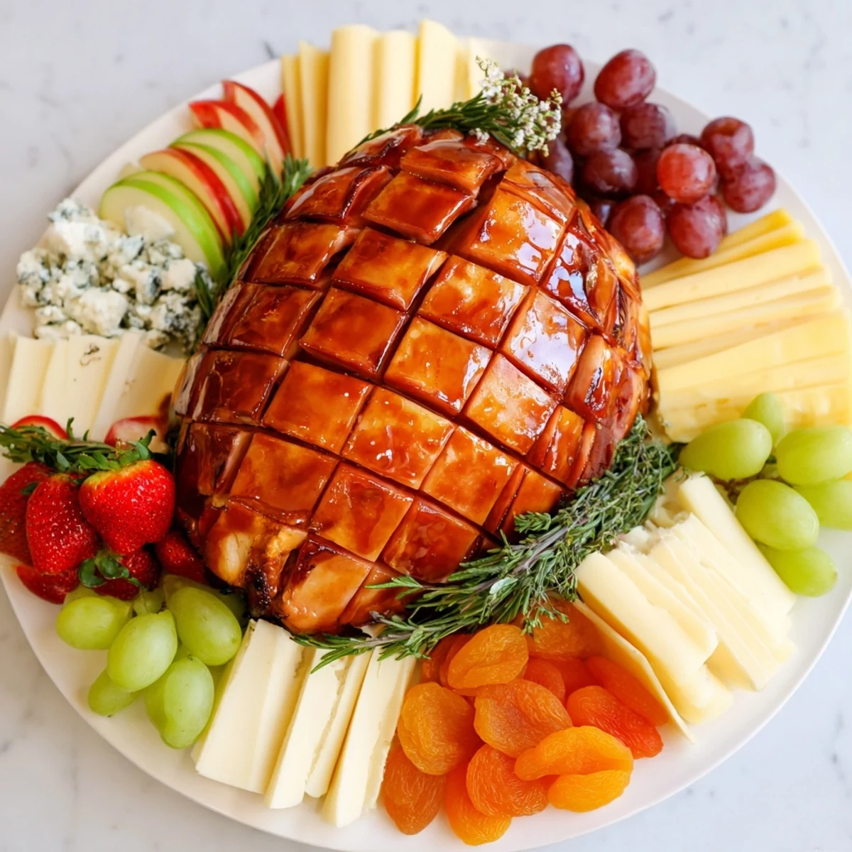 Golden, glazed ham centerpiece board: a festive arrangement with fresh fruit, cheeses, and crackers.