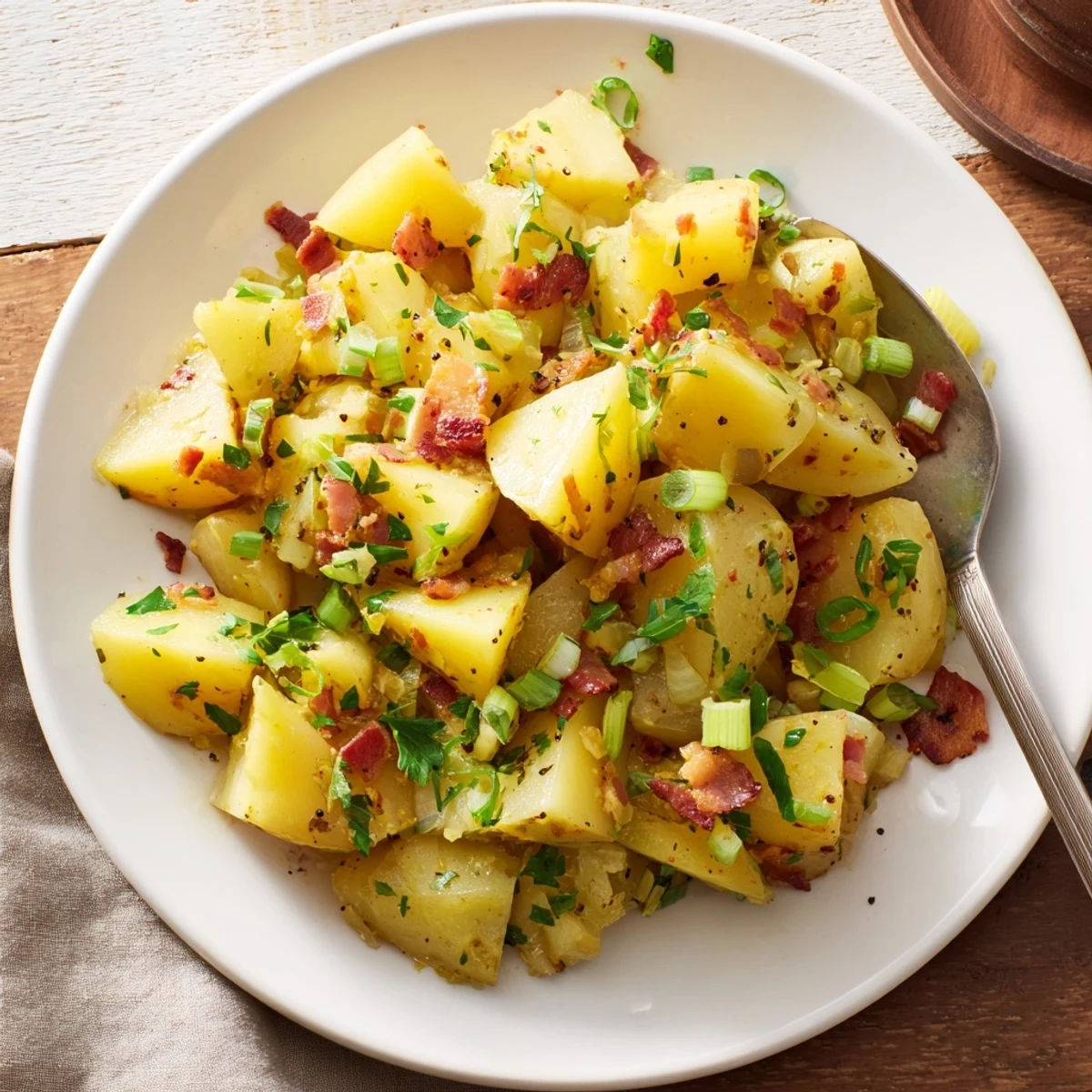Warm German Potato Salad with crispy bacon and parsley, a delicious warm side dish.