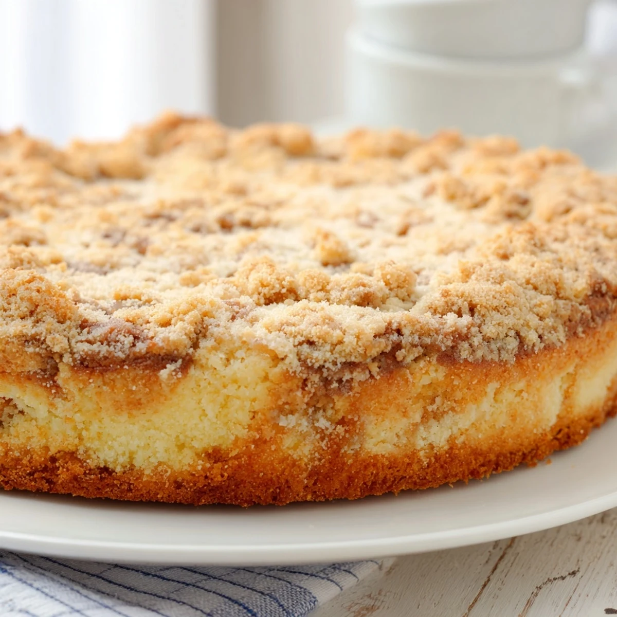 Warm German Crumb Cake, golden and crumbly, ready to serve with a cup of coffee.