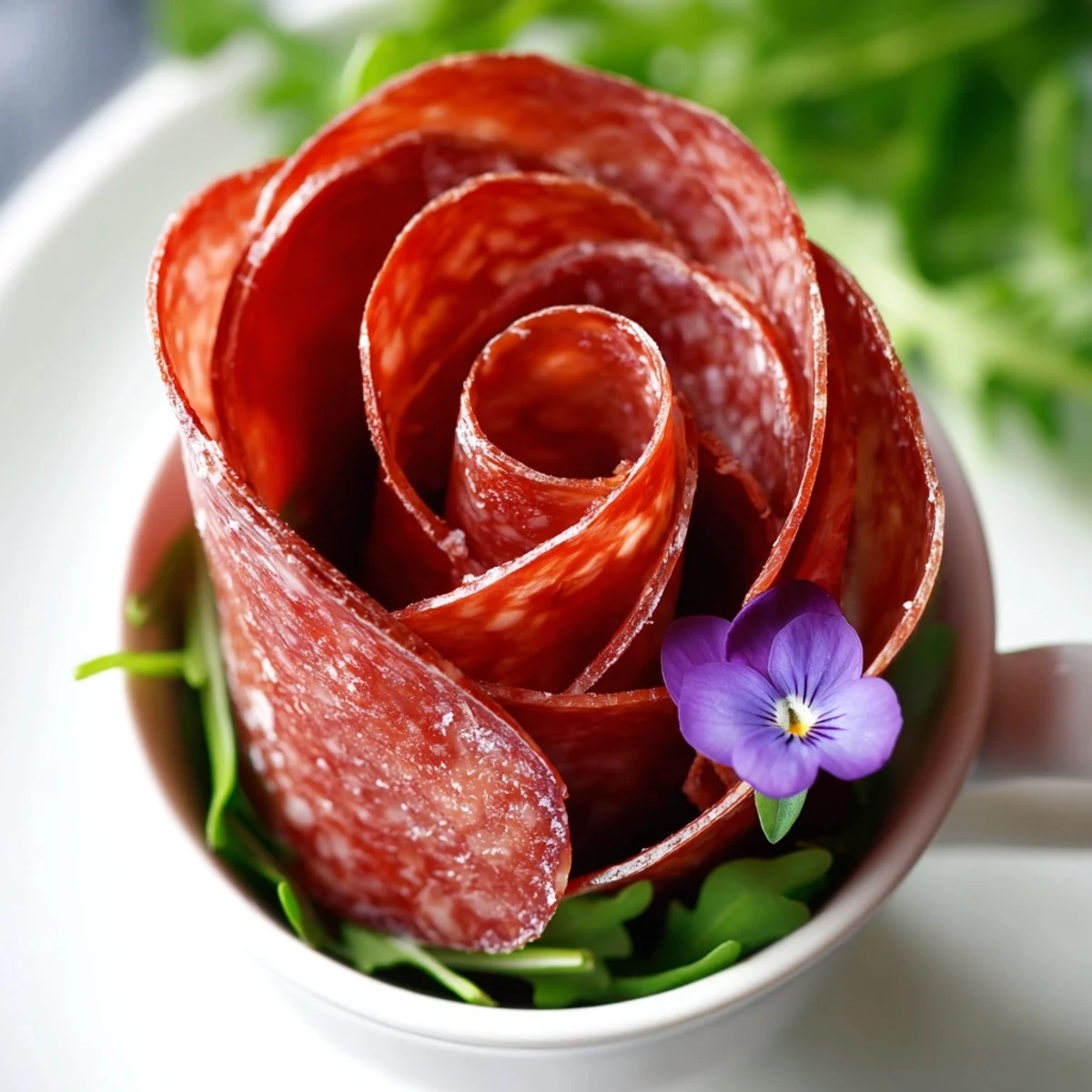 Elegant Victorian Tea Rose salami and pepperoni appetizer, shaped like roses, displayed in delicate teacups.