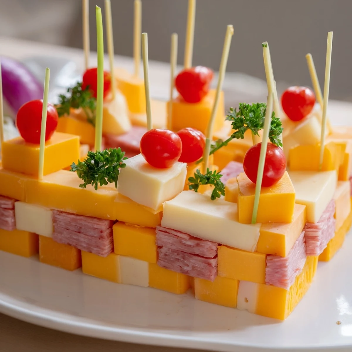 A vibrant The Checkerboard Chalet appetizer: cheese and meat layers form a party-ready dish.