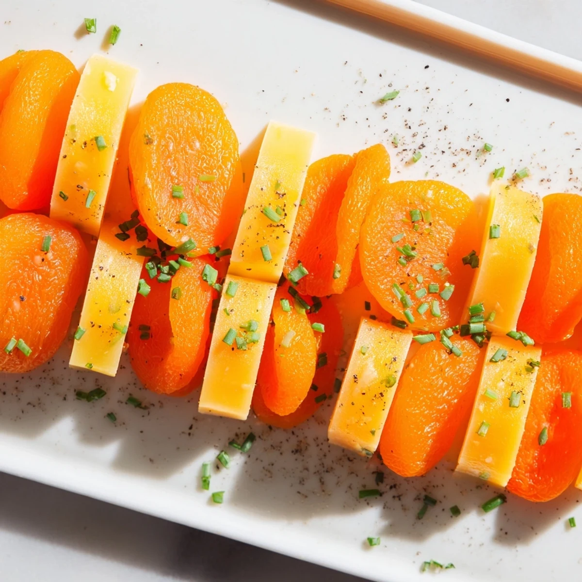 Appetizing Serengeti Sunset: see bands of sweet apricots and smoked gouda ready to serve.