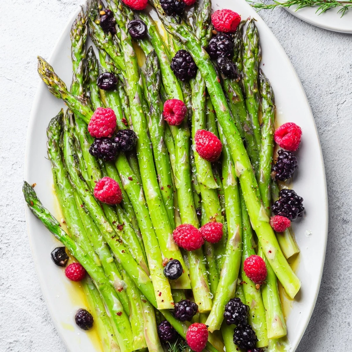 Delicately woven Botanical Lattice appetizer with vibrant fruits and crisp asparagus for Spring brunch.