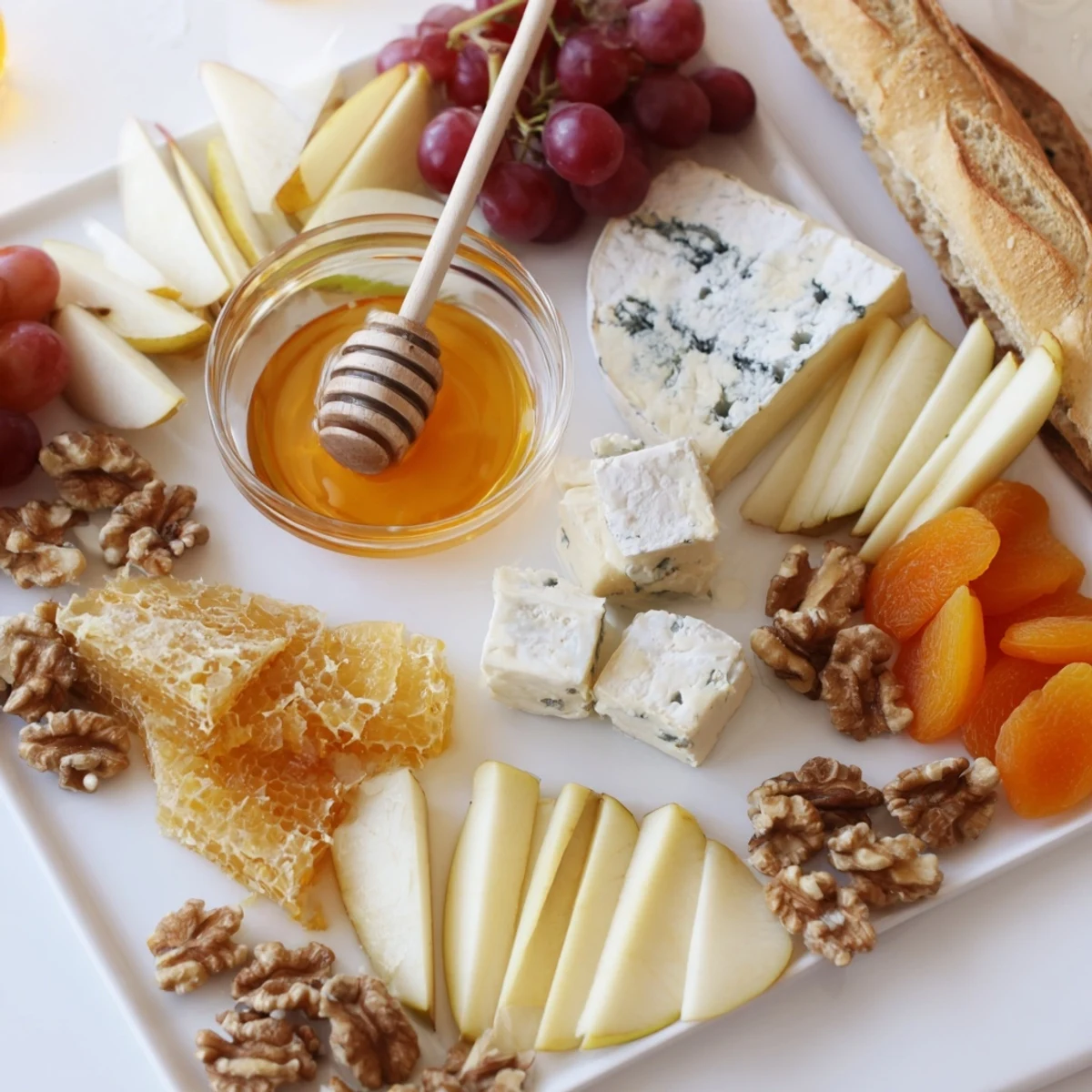 This stunning honeycomb, honey & cheese board showcases cheeses, fruits, nuts, and floral honey for appetizers.