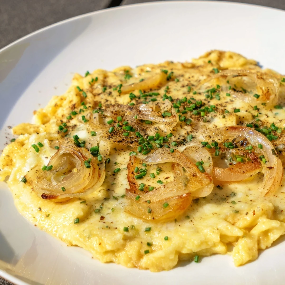 A close-up shot of Käsespätzle, golden cheese melting over pasta and caramelized onions.