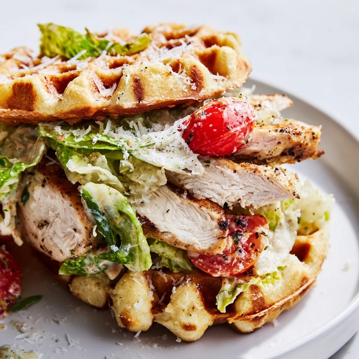 Grilled chicken and Caesar salad filling, sandwiched between golden Chicken Caesar Waffle Sandwiches for lunch.