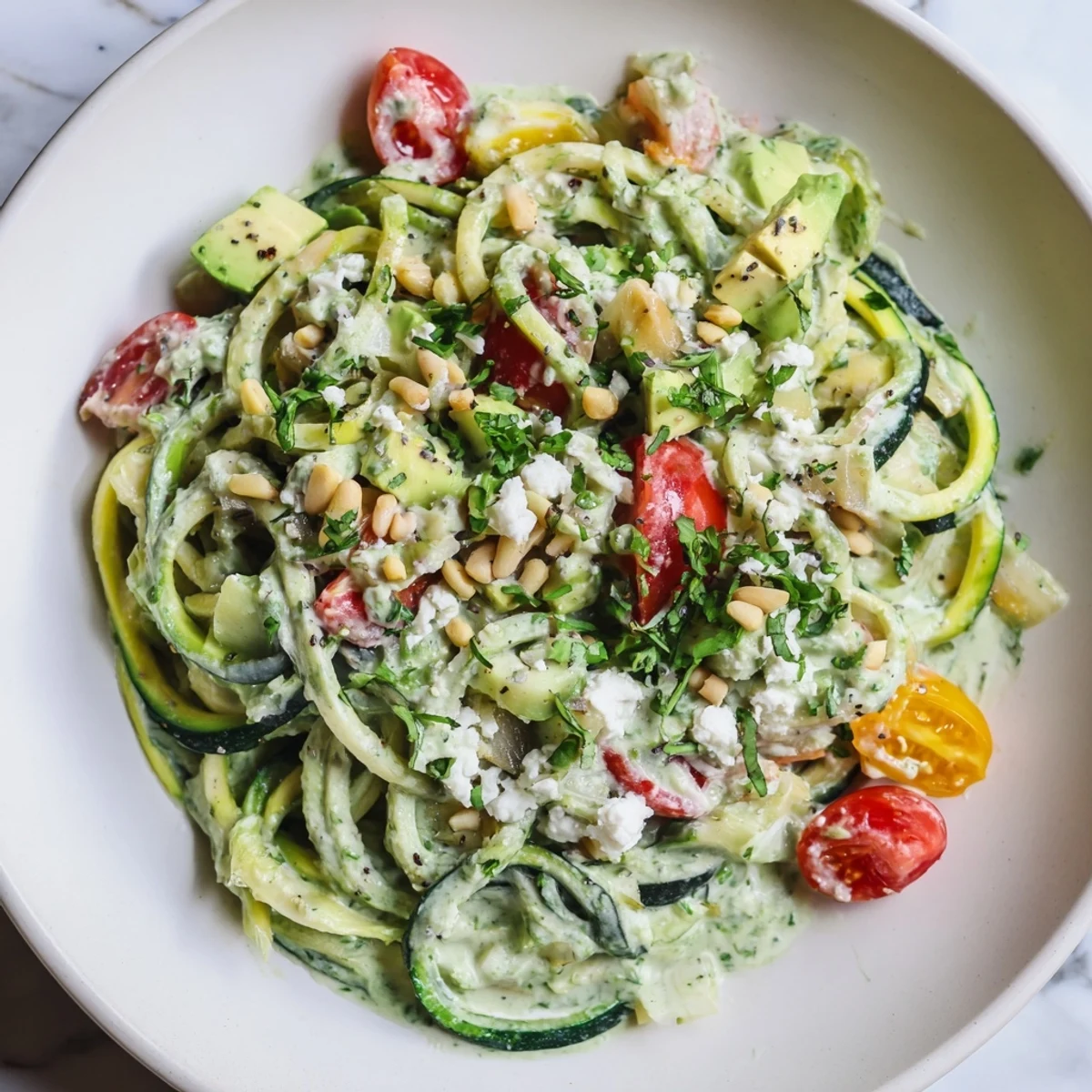 Creamy Green Goddess Zoodle Pasta, a colorful bowl with avocado and fresh herbs, ready to serve.