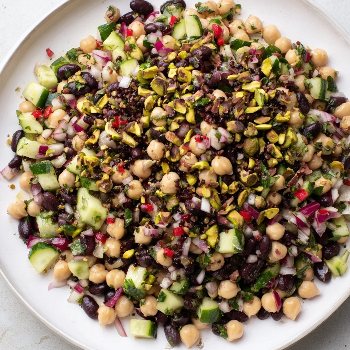 Delicious Dense Bean Salad, a Middle Eastern fusion, with pistachios and rich cocoa flavors.