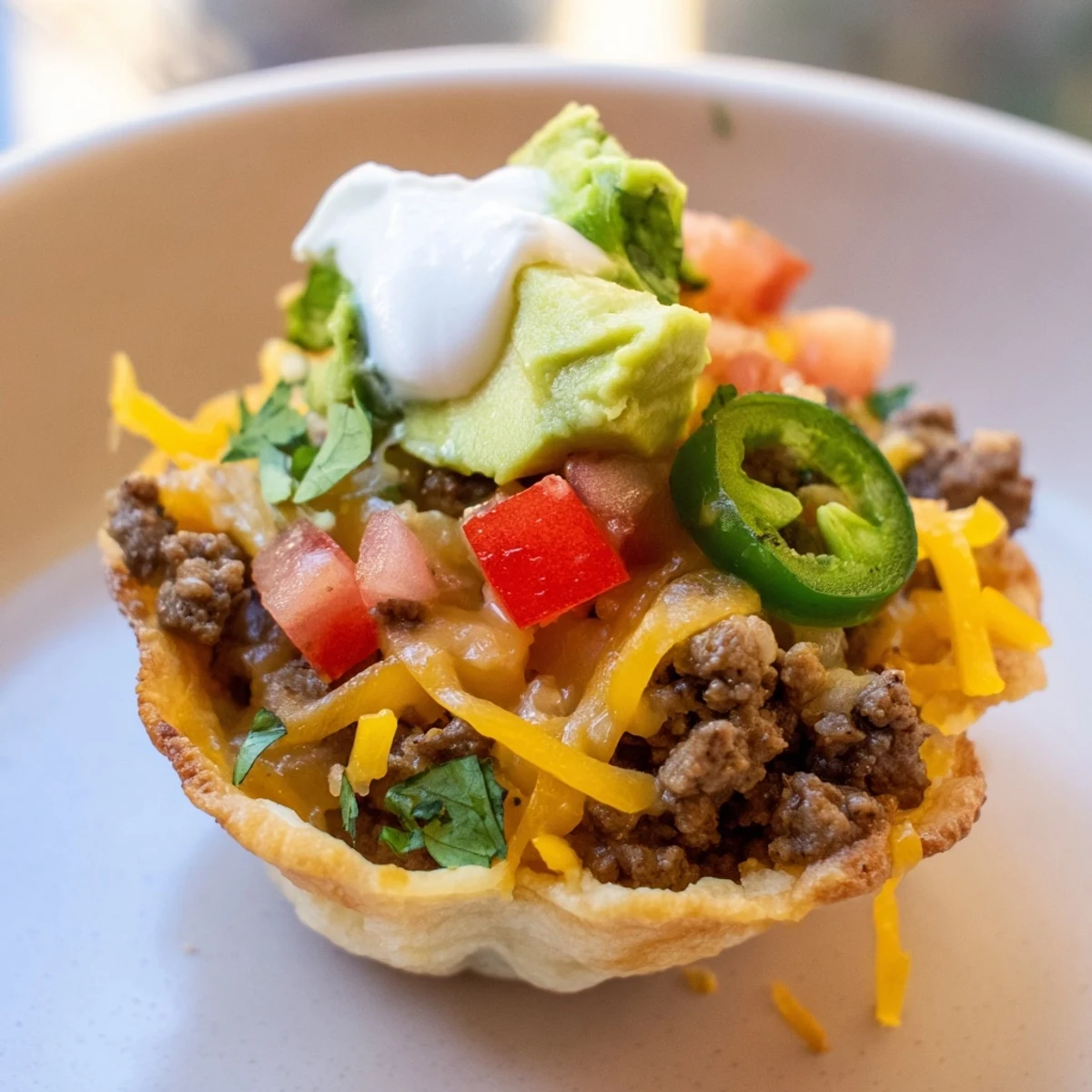 Mini Taco Cups, filled with seasoned beef and melted cheese, ready to be enjoyed as a party appetizer.