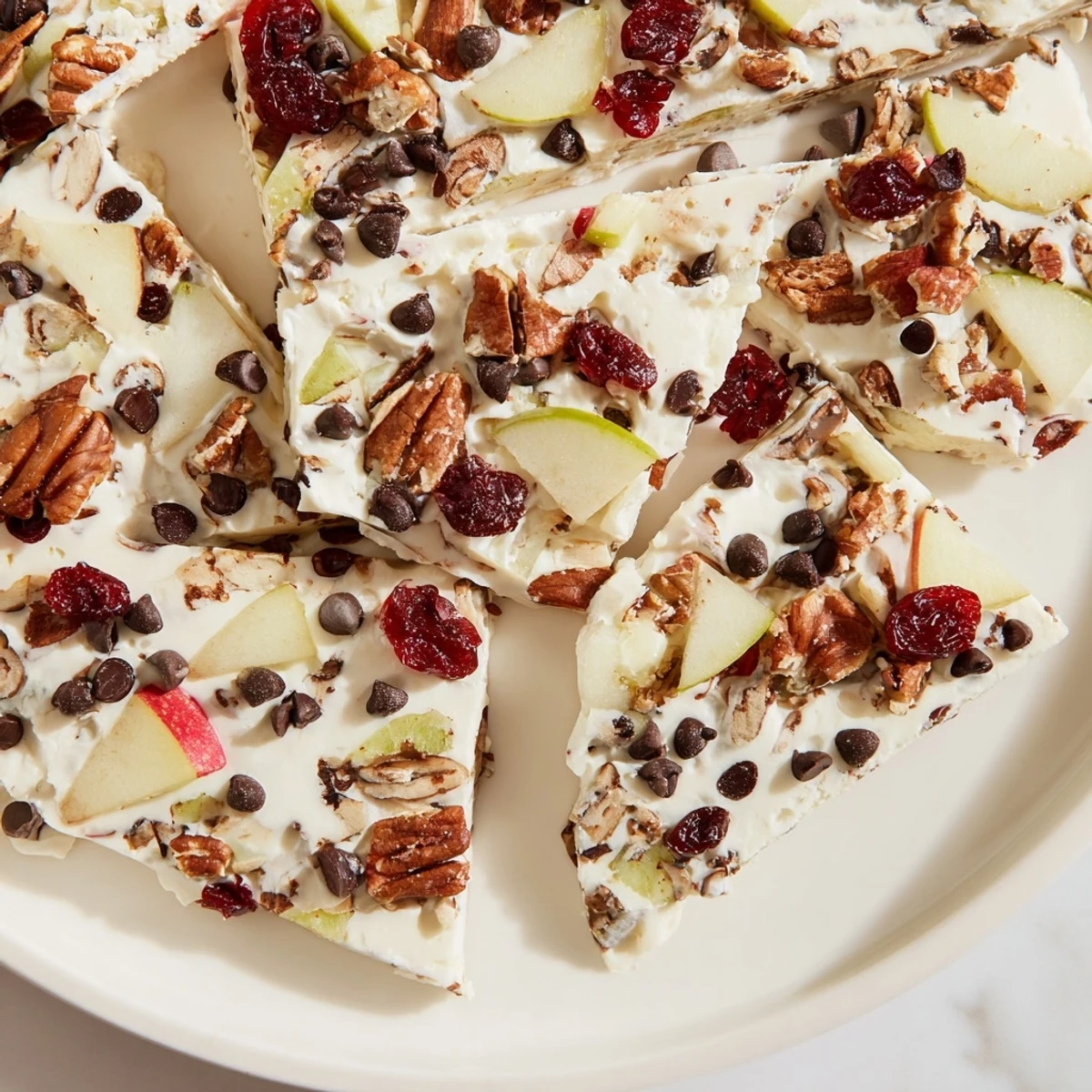 Frozen Apple Cinnamon Yogurt Bark with a sprinkle of nuts, a sweet and healthy dessert.