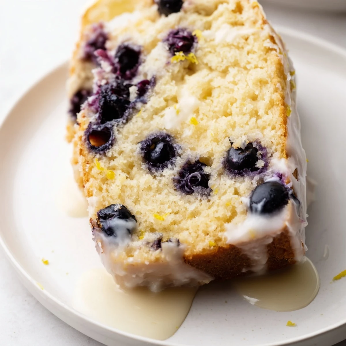 Close-up of a delightful Lemon Blueberry Yogurt Loaf, with a bright lemon glaze, ready to enjoy.