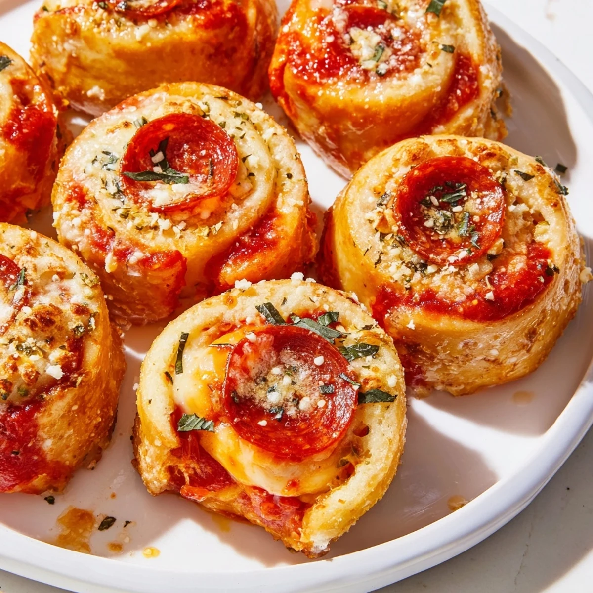 Close-up of crispy homemade Air Fryer Pizza Rolls filled with melted cheese and pepperoni.