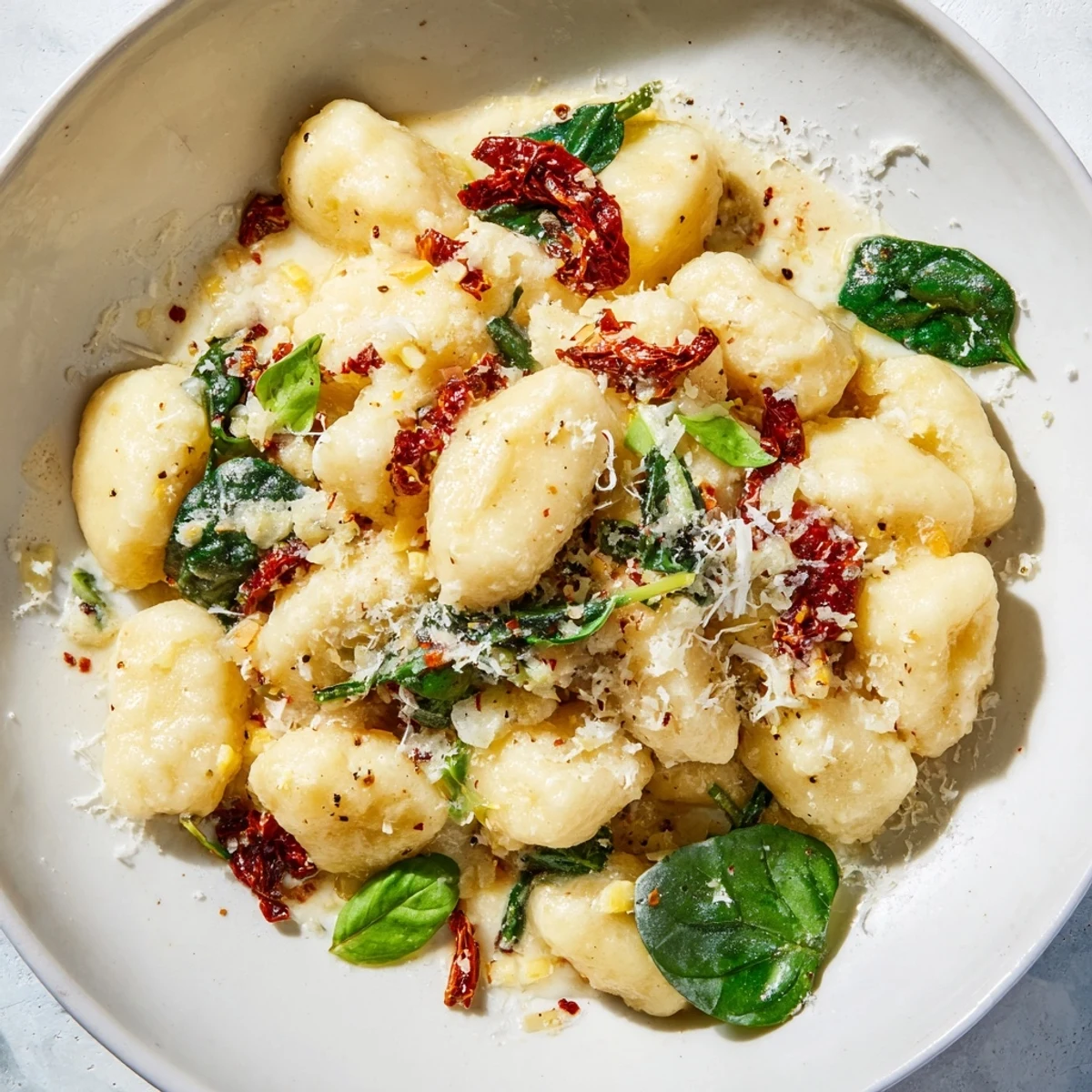 Close-up of Creamy Tuscan Gnocchi, a vegetarian delight with fresh basil and a creamy texture.