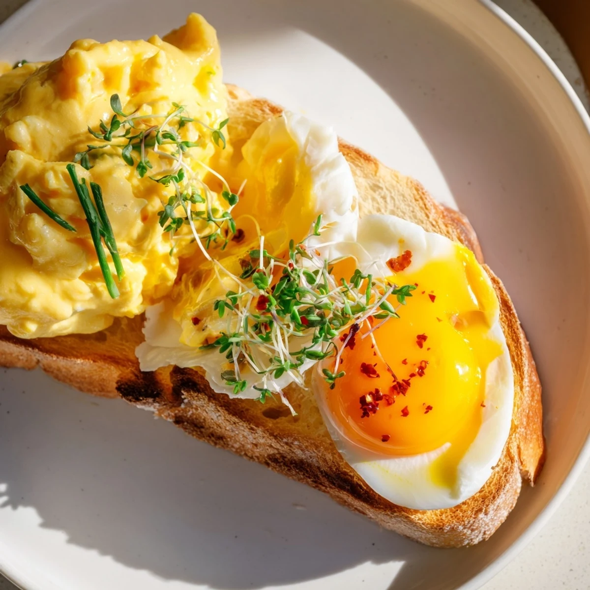Golden-brown Egg Flight Toast arranged with perfectly cooked scrambled, soft-boiled & fried eggs.