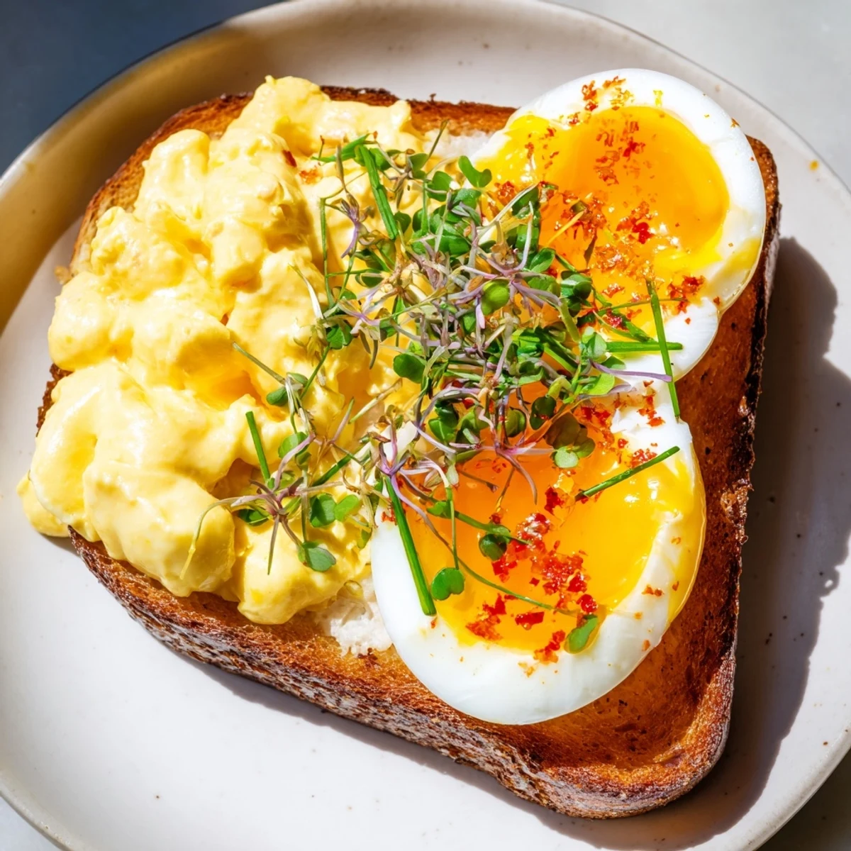 Savory Egg Flight Toast; a breakfast featuring eggs, served on crispy toast, styled with fresh herbs.