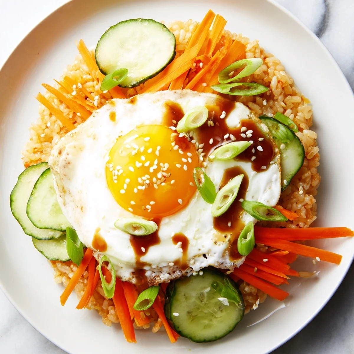 Golden-brown crispy egg rice bowl: a delightful Asian-inspired dish, ready to savor.
