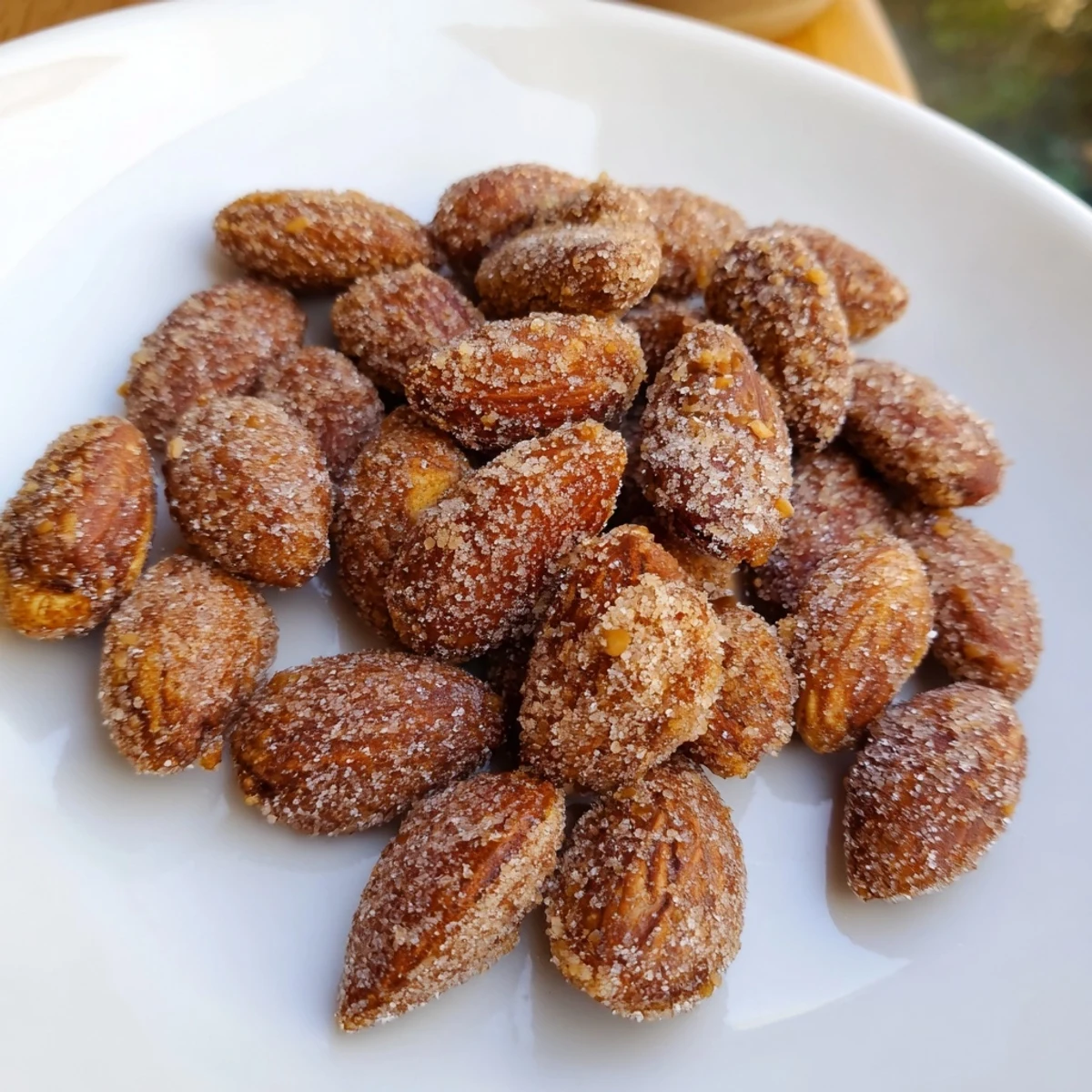 Golden-brown cinnamon roasted almonds, offering a sweet and spiced crunch, ready to enjoy.