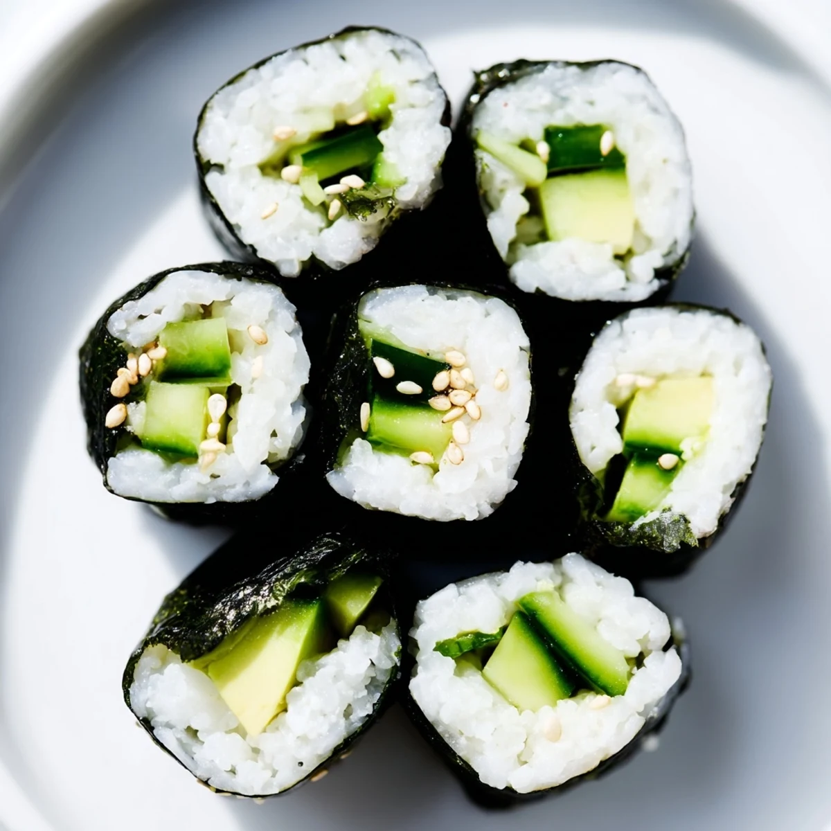 Creamy avocado cucumber sushi sits ready to enjoy; a light, refreshing, vegan appetizer with soy sauce.