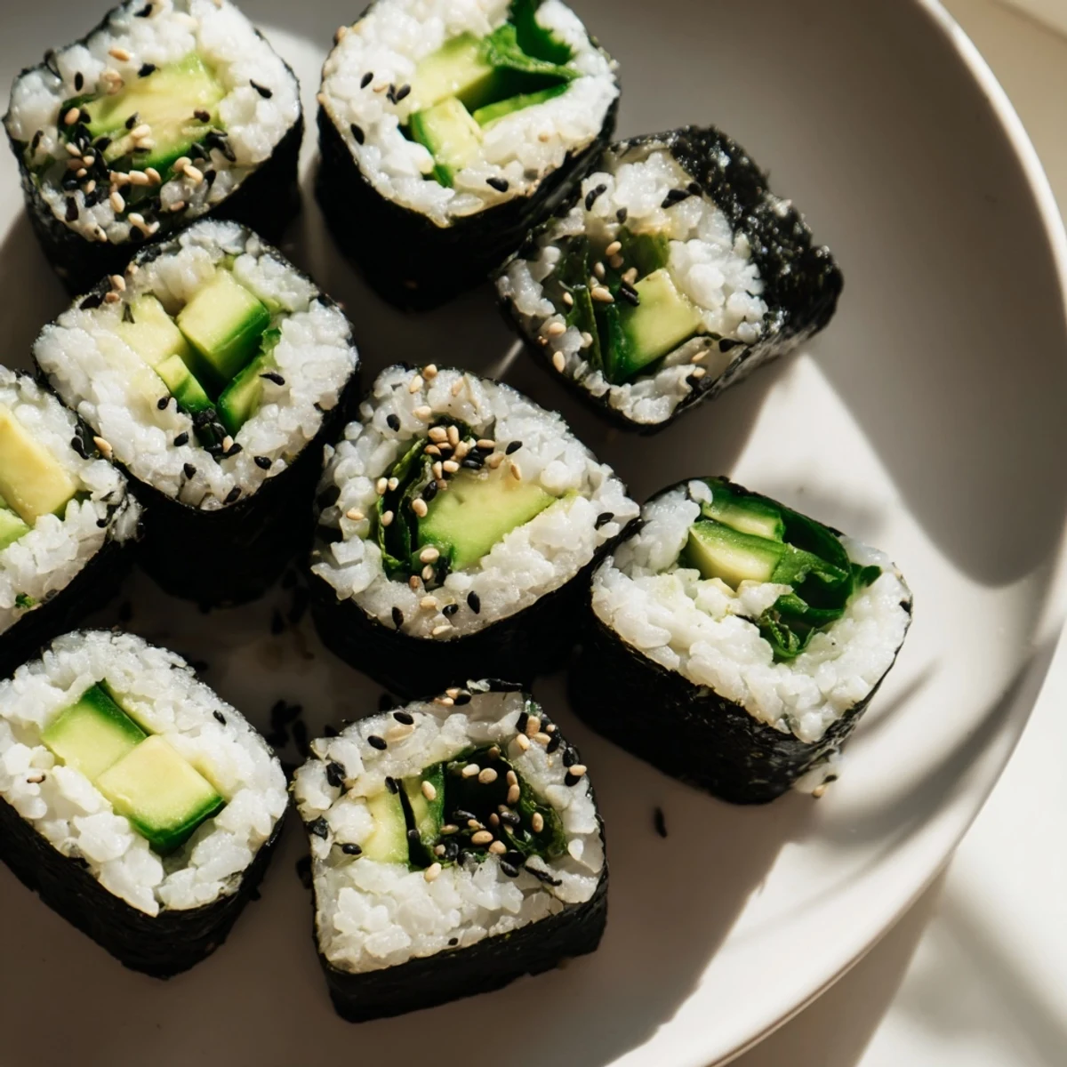 Vibrant avocado cucumber sushi rolls, beautifully arranged, filled with fresh cucumber, ready to be served.