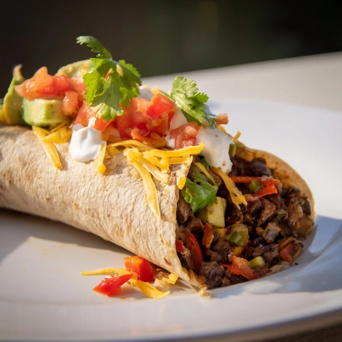 Savory Smoky Black Bean Burrito, featuring a warm whole wheat tortilla and creamy avocado slices.