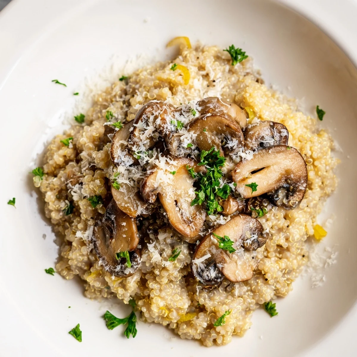 Creamy mushroom quinoa risotto, plated and garnished with fresh parsley, ready to savor.