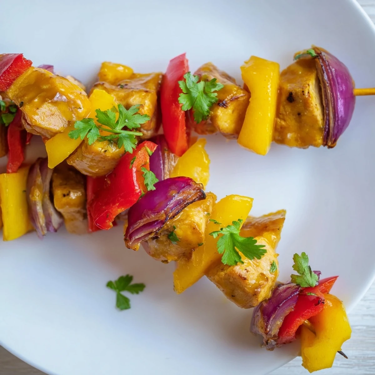 Juicy grilled Mango Lime Chicken Skewers with colorful peppers and onions, ready to be enjoyed.