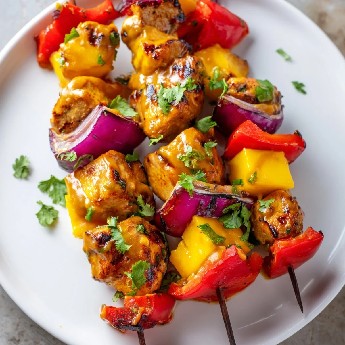 Vibrant skewers of Mango Lime Chicken, lightly charred from the grill, served with lime wedges.