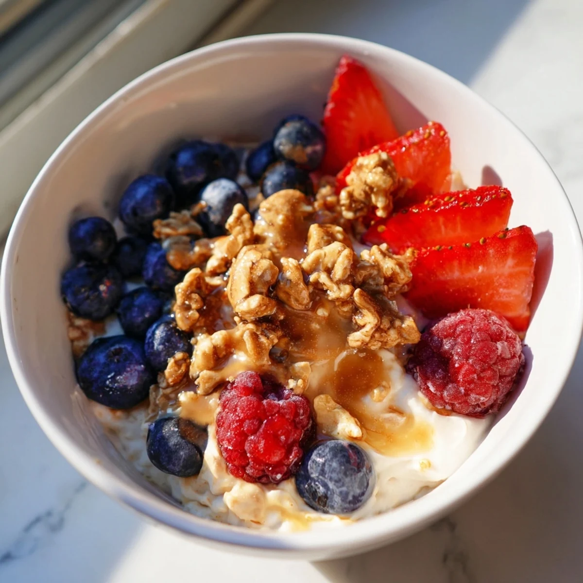 Whipped Cashew Butter Yogurt Parfait layered with fresh berries and crunchy granola.