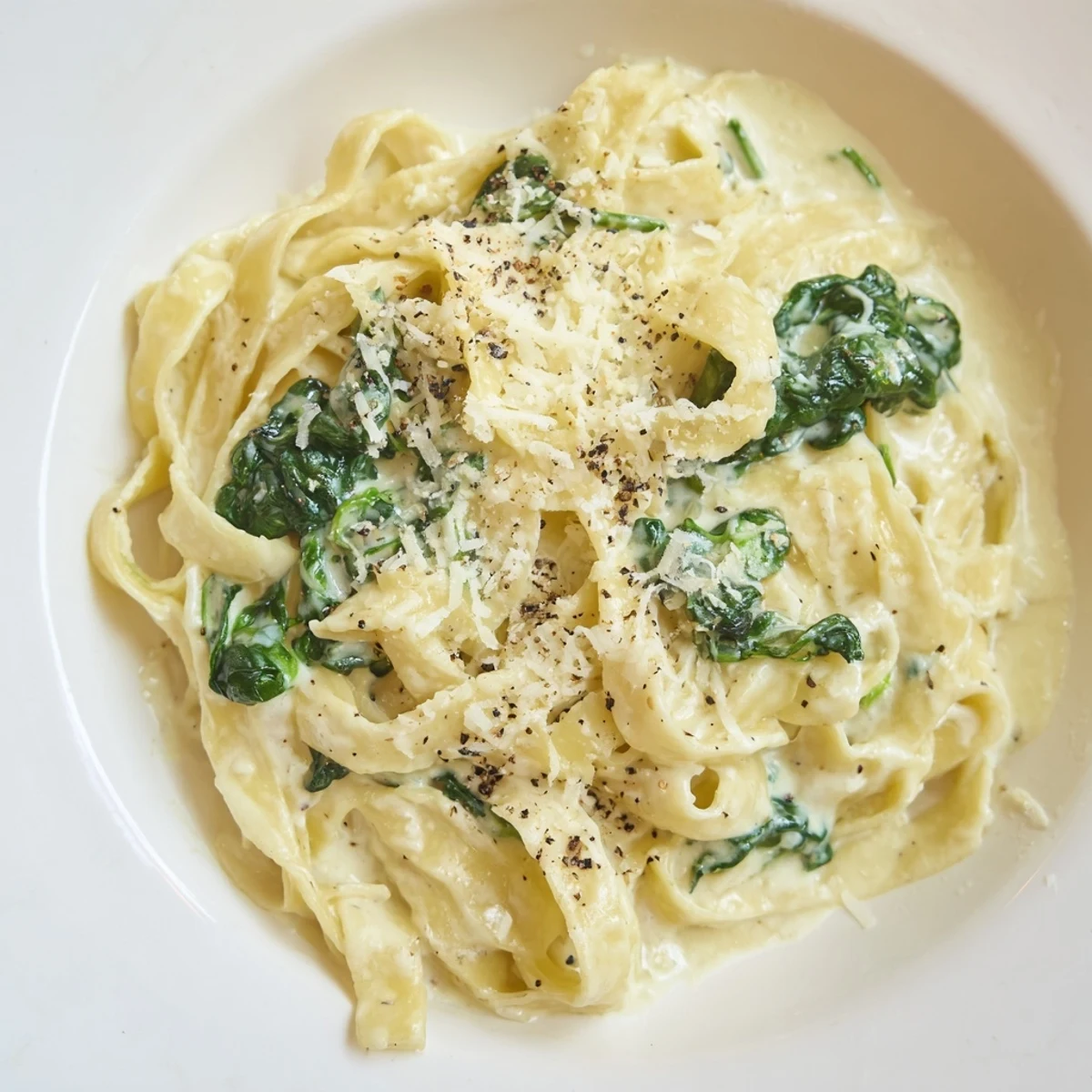 Creamy spinach pasta glistening, a comforting vegetarian meal ready to eat.