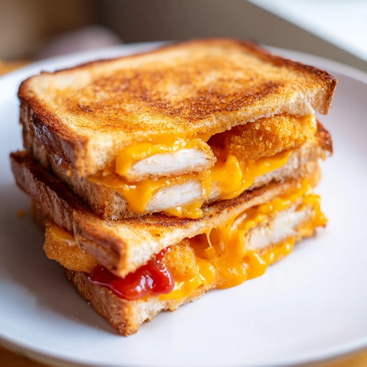 Delectable chicken nugget grilled cheese sandwich cut in half, ready to enjoy with a bite.