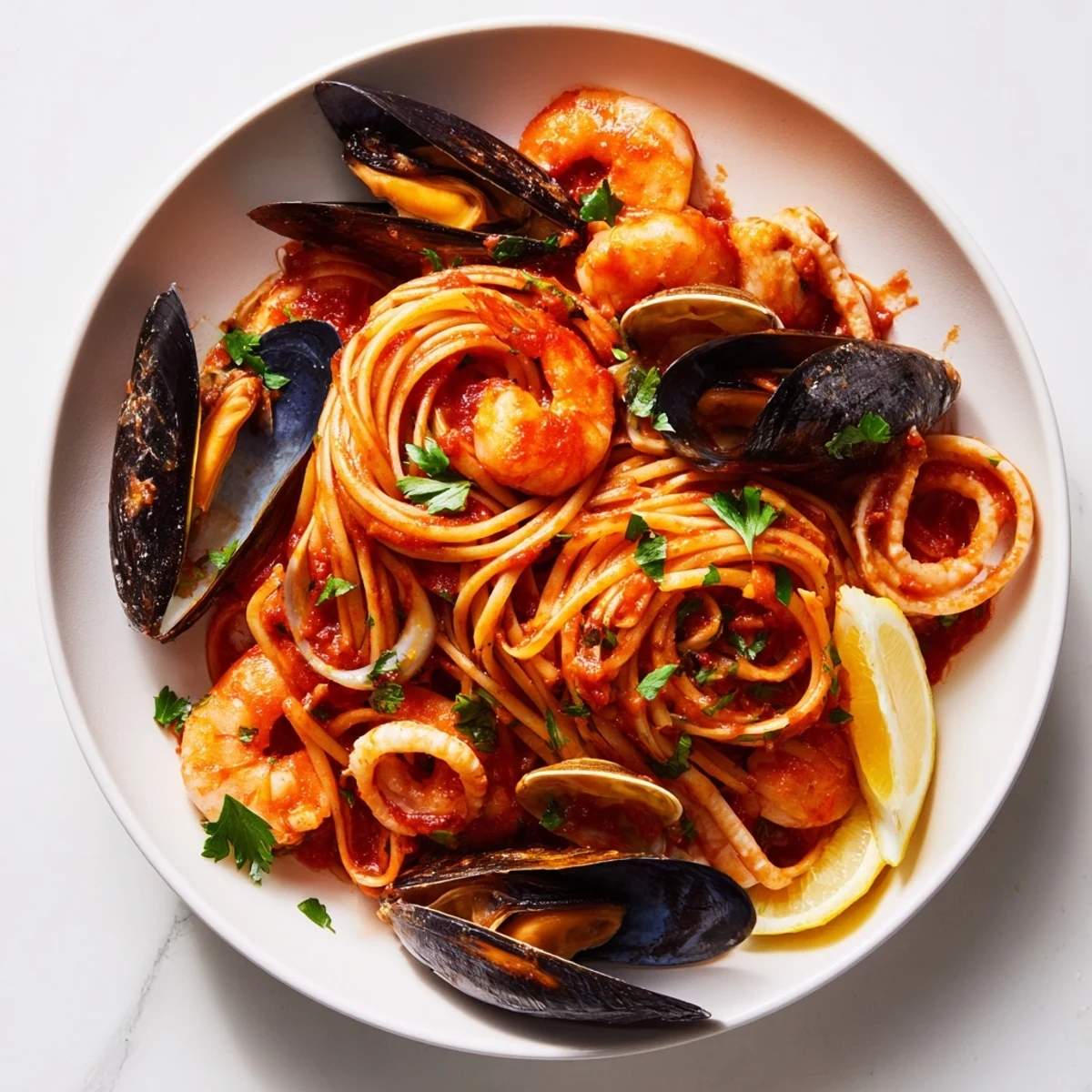 Delicious Seafood Marinara Pasta, a classic Italian dish with squid, scallops, and herbs.