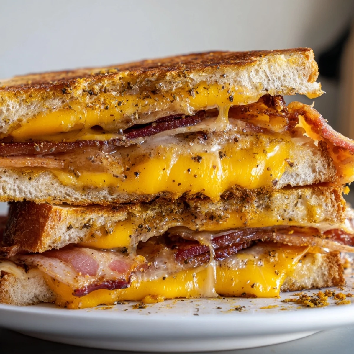 Golden, melted Crispy Bacon Cheddar Grilled Cheese sandwich, bacon crisp and cheese oozing, a classic American comfort food.