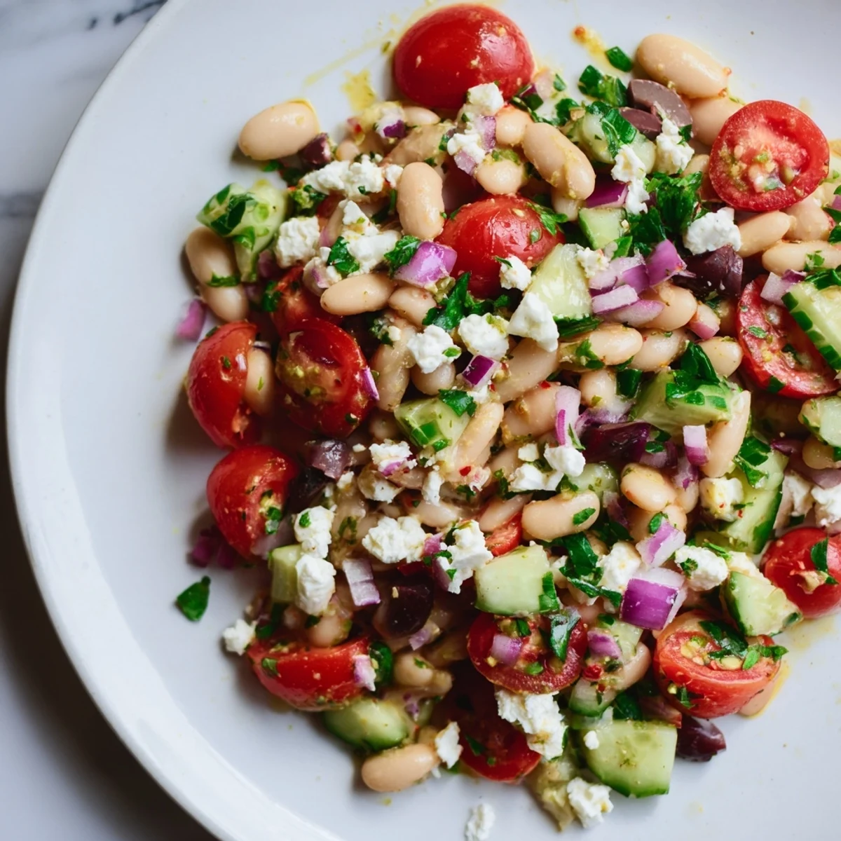 Creamy white bean salad, bursting with colorful tomatoes and herbs, a perfect Mediterranean side.