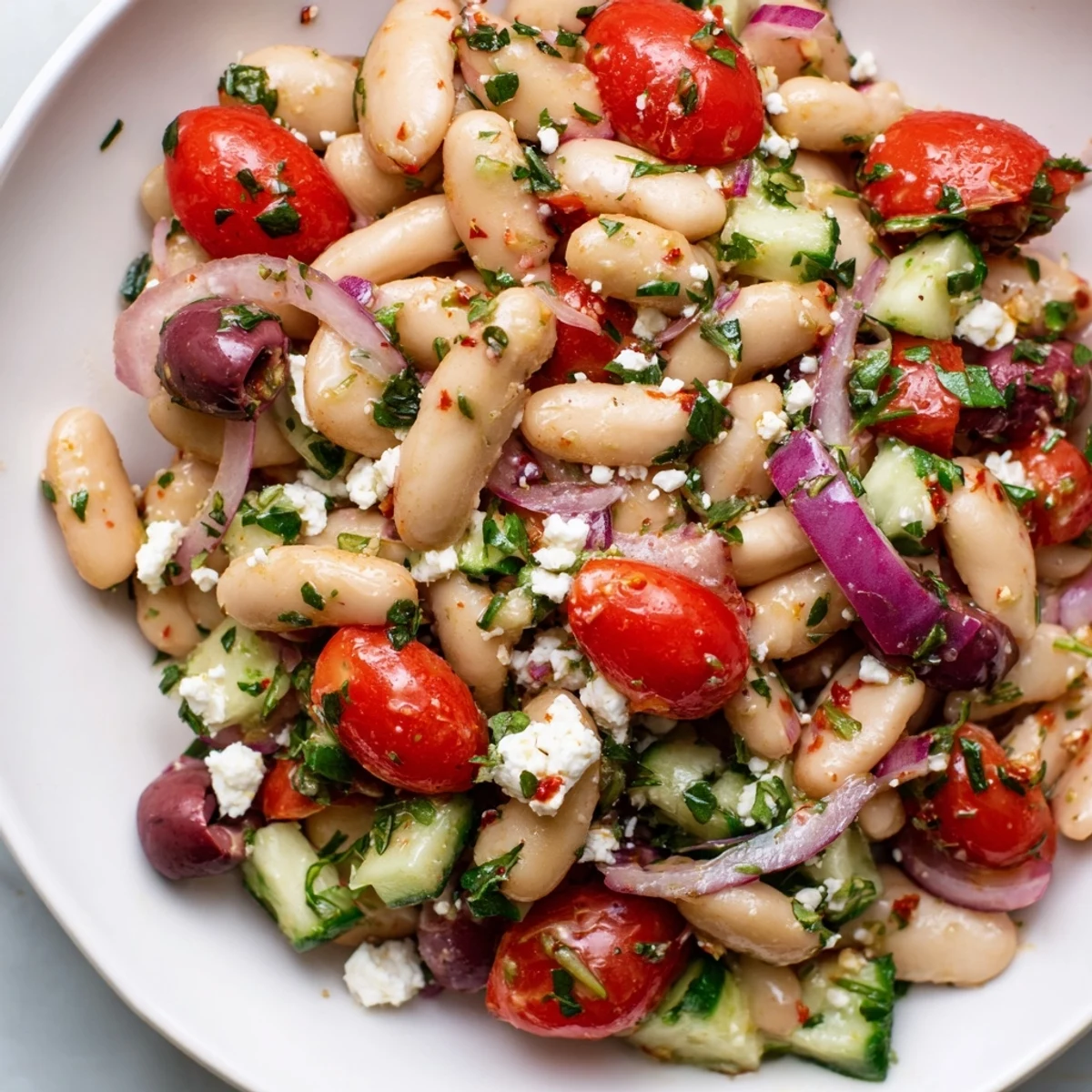 Fresh white bean salad tossed with a vibrant olive oil dressing, ready for a light lunch.