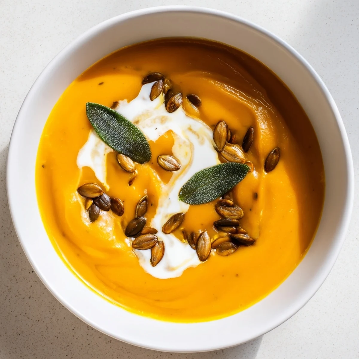 A velvety bowl of creamy butternut squash soup, garnished with fresh sage leaves.