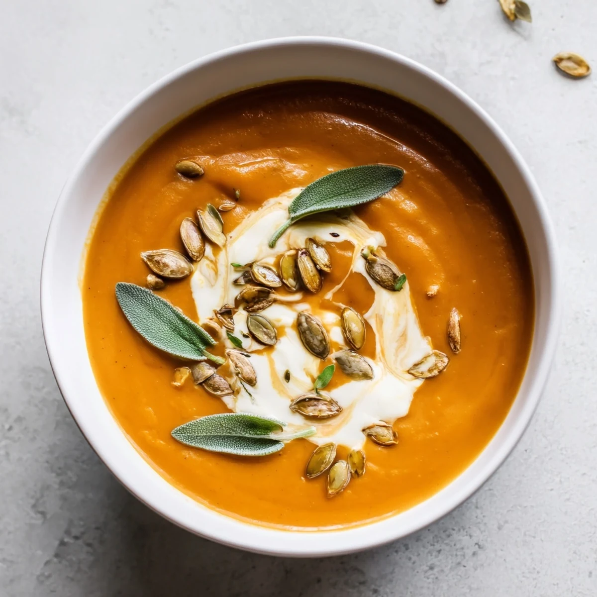 Golden, roasted butternut squash soup, perfectly seasoned, ready to serve with crusty bread.