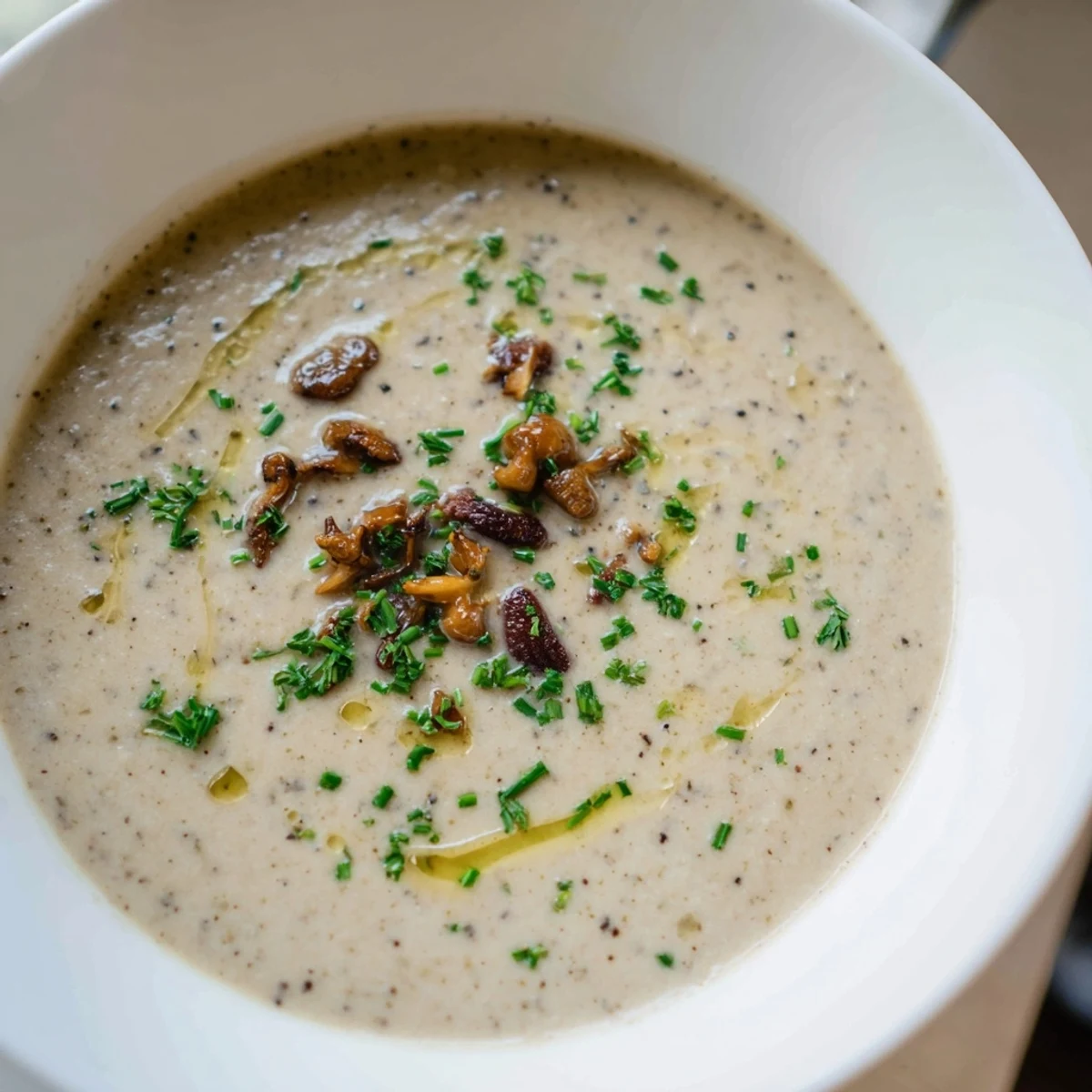 A steaming bowl of Creamy Mushroom Bisque, rich and velvety, perfect for a cozy dinner.