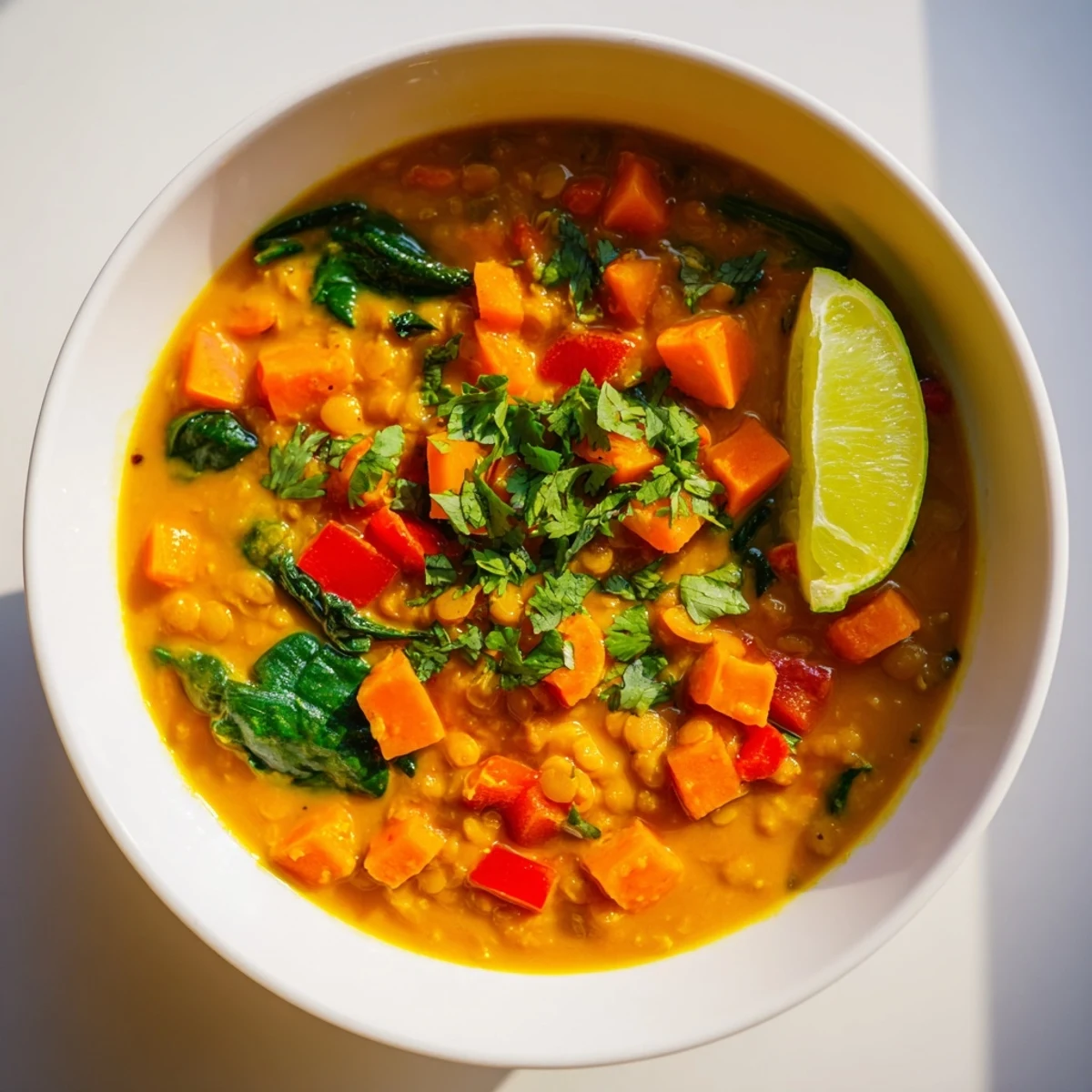 Fragrant Lentil Red Curry Soup in a white bowl, garnished with fresh cilantro and lime wedges.