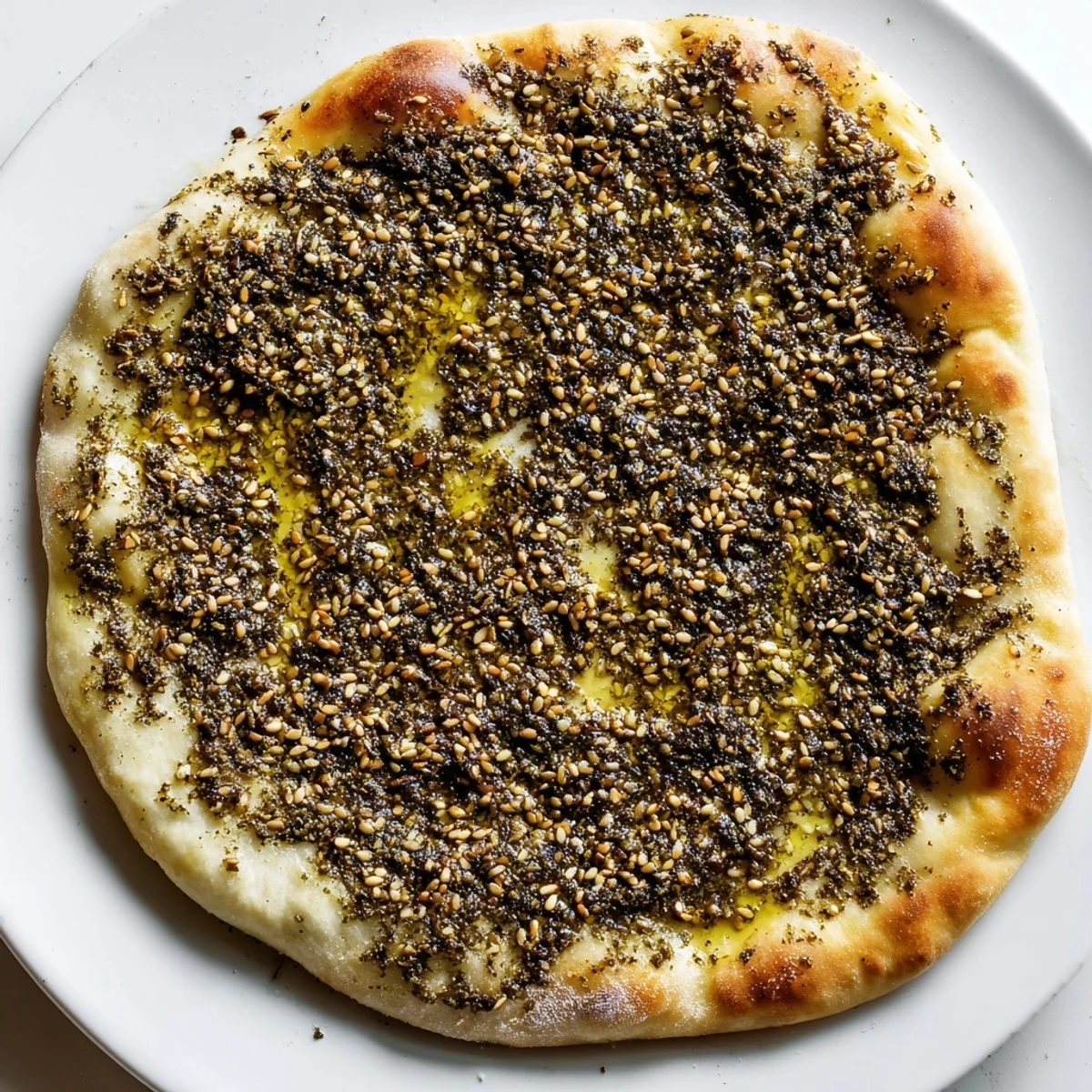 Freshly baked Levantine Zaatar Bread with a rich olive oil aroma, perfect for a vegan snack.