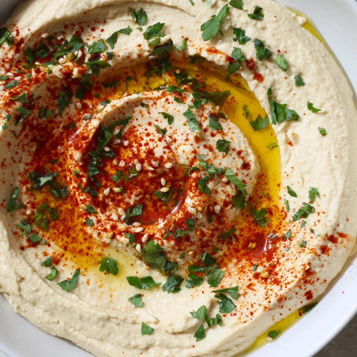 Nahaufnahme eines hausgemachten Levantine Hummus, perfekt angerichtet mit einem Swirl und bunten Toppings.
