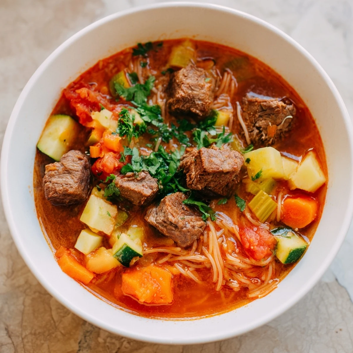 A steaming bowl of Algerian Chorba soup, filled with tender lamb and fresh herbs.