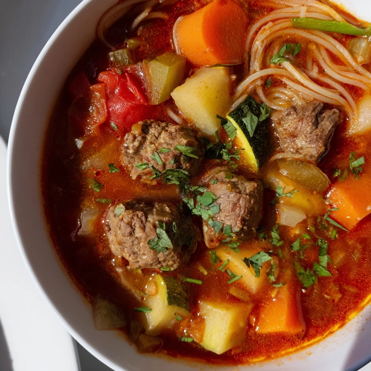 Hearty Algerian Chorba, featuring rich lamb and vegetables, perfect for a cold evening meal.