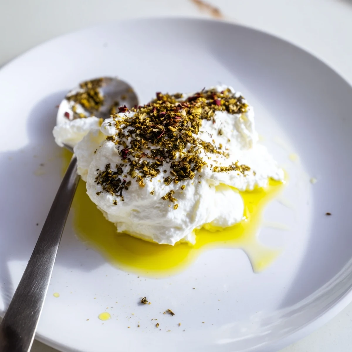 Tangy Levantine labneh, beautifully textured, served with a sprinkle of mint and perfect for dipping vegetables.