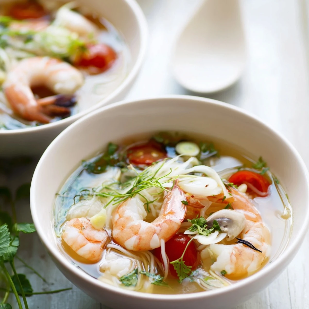 Aromatischer Spicy Tom Yum Soup, dampfend heiß, mit Garnelen und frischen Kräutern serviert.