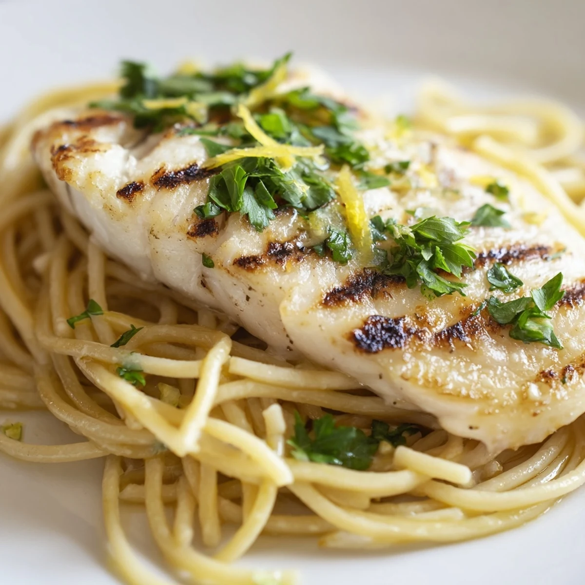 Leuchtende Zitronenscheiben und Petersilie garnieren dieses frische Lemon Bass Pasta Hauptgericht.